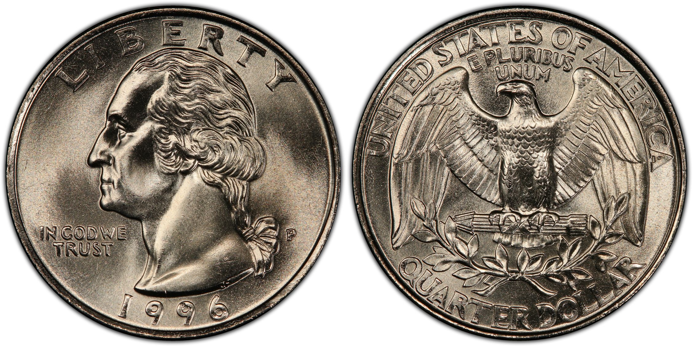 Grading strip showing 1996 Washington quarters from worn Good condition through uncirculated Gem quality side by side
