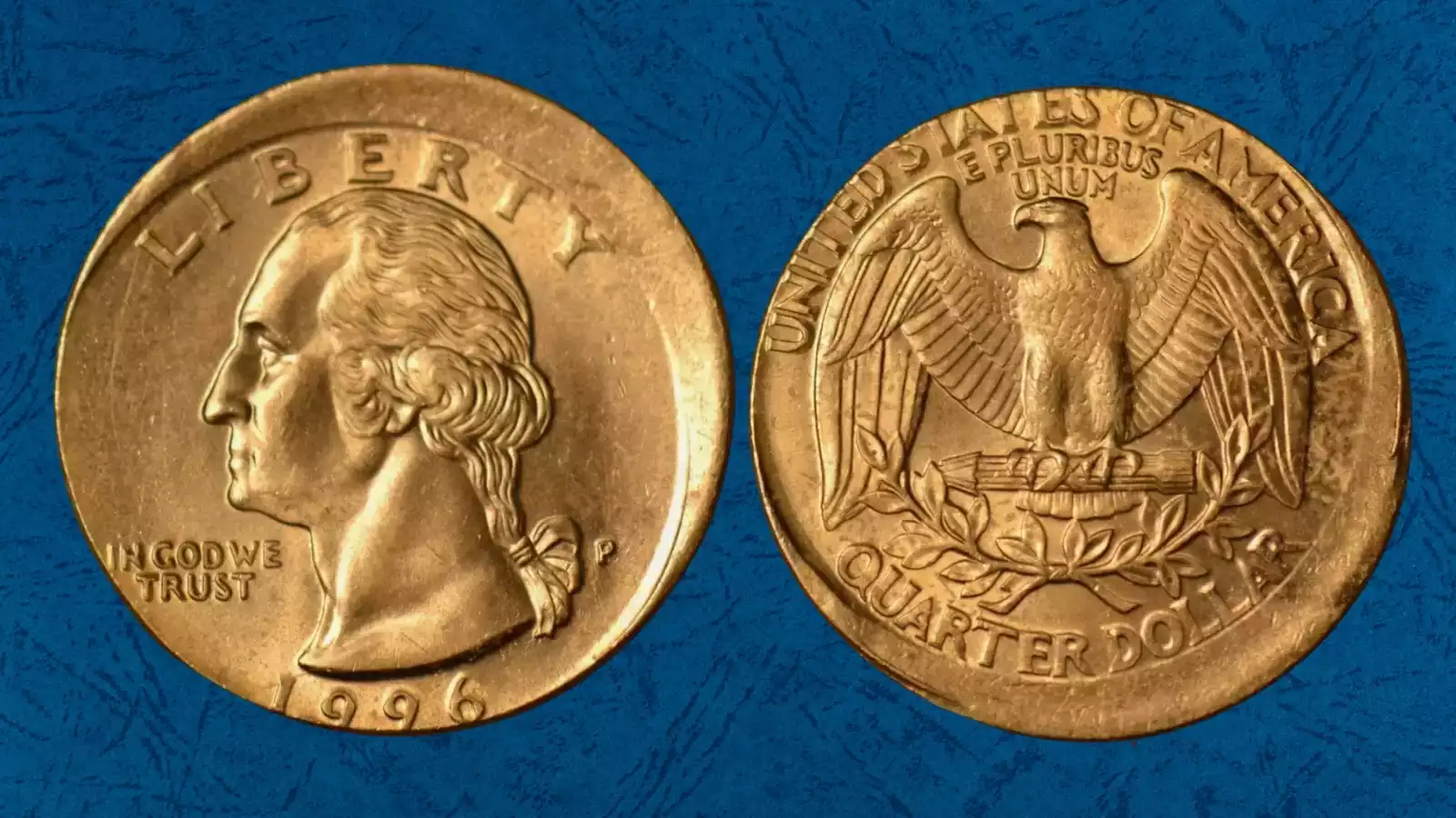1996 quarter off-center strike error with portion of design missing and blank planchet crescent visible