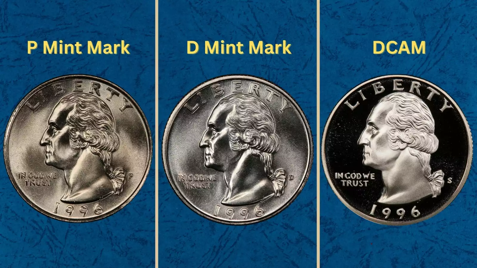 Group of 1996 Washington quarters showing different grades and mint marks from Philadelphia, Denver, and San Francisco